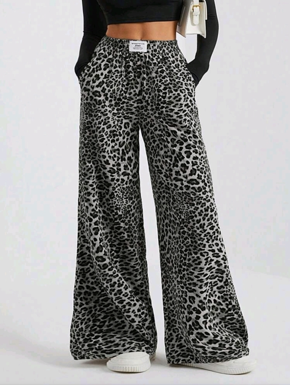 Wide Leg Leopard Print Tall Pants — Black and Gray